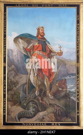 La peinture de Saint Olav le roi de Norvège par Pie Adamowitsch Welonsky (1893) sur l'autel latéral de la basilique dei Santi Ambrogio e Carlo al Corso, Rome, I Banque D'Images