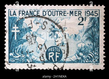 Timbres en France montre la carte de l'Outre-mer, vers 1945. Banque D'Images