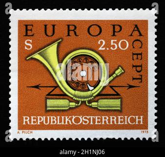Timbres en Autriche, indique le cor postal et téléphone, vers 1973. Banque D'Images