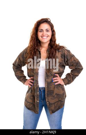 Heureux surpondérés woman posing isolé sur fond blanc Banque D'Images