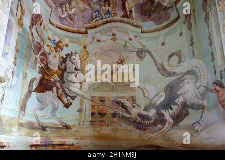 Saint George claquant le dragon, fresque dans la Chapelle de Saint George à Purga Lepoflavska, Croatie Banque D'Images