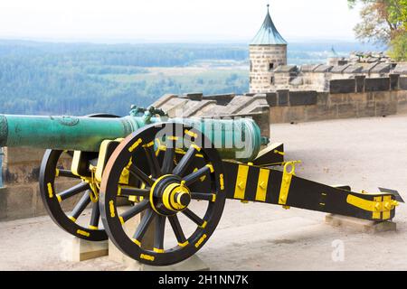 Forteresse médiévale de Königstein, située sur une colline rocheuse au-dessus de l'Elbe en Suisse saxonne, canon sur les murs défensifs, Königstein, Allemagne Banque D'Images