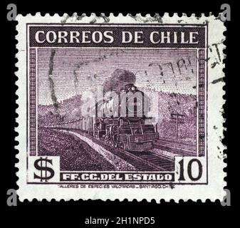 Timbres au Chili, montre l'état des locomotives de chemin de fer, vers 1938 Banque D'Images