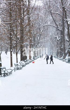 Cracovie, Pologne - 17 janvier 2021 : hiver enneigé à Cracovie, parc Planty avec arbres et bancs enneigés, personnes marchant Banque D'Images