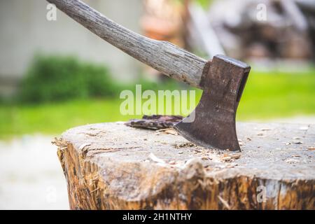 Vieille ax attaché à un tronc d'arbre, alpine hut Banque D'Images