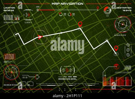 Interface de navigation HUD.Contrôle des dangers, écran de navigation sur la carte de la ville.Tableau de bord numérique vectoriel avec flèche d'emplacement et broches rouges sur l'itinéraire, graphiques, c Illustration de Vecteur