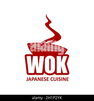 Icône wok PAN, nouilles chinoises et japonaises à la vapeur, panneau de restaurant vector asian.Nouilles ramen ou udon chinoises ou japonaises dans un bol pour le wok pour m Illustration de Vecteur
