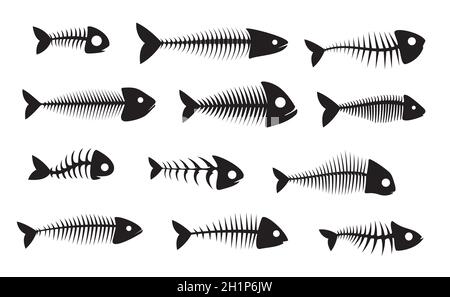 Icônes de silhouette d'os de poisson, squelettes vectoriels d'os de poisson isolés noirs.OS de poissons morts de hareng, barracuda ou piranha avec tête de crâne et queue de colonne vertébrale, Illustration de Vecteur