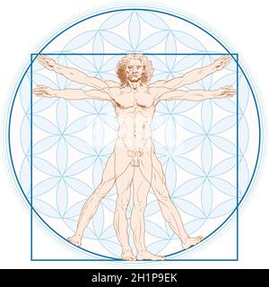 Dessin vectoriel de l'Homme de Vitruvian par Leonardo da Vinci avec fleur de fond de vie Illustration de Vecteur