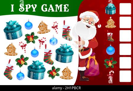 Enfants Noël I espion jeu éducatif.Énigme mathématique pour les enfants, activités de jeu pour les enfants avec tâche de recherche et de comptage.Personnage de Noël, cadeaux et Noël t Illustration de Vecteur