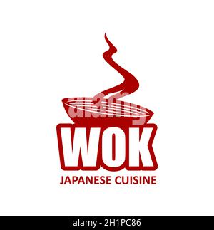 Icône wok PAN, nouilles chinoises et japonaises à la vapeur, panneau de restaurant vector asian.Nouilles ramen ou udon chinoises ou japonaises dans un bol pour le wok pour m Illustration de Vecteur