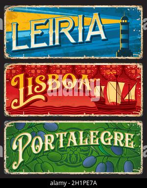 Lisboa, Leiria et Portalegre, plaques de province portugaise, signes d'étain vecteur.Portugal étiquettes et autocollants de voyage avec la ville portugaise de bienvenue ta Illustration de Vecteur