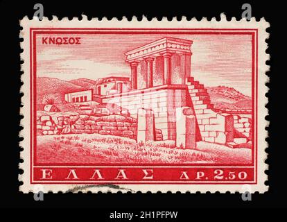 Le timbre imprimé en Grèce montre l'image de Knossos, le plus grand site archéologique de l'âge de bronze en Crète, vers 1961 Banque D'Images