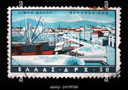 Le timbre imprimé en Grèce de l'émission des ports grecs montre Volos, vers 1958. Banque D'Images