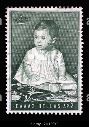 Le timbre imprimé en Grèce montre la princesse Alexia - 1er anniversaire, vers 1966 Banque D'Images