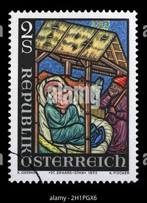 Timbres de Noël par l'Autriche, montre la Nativité, vers 1973 Banque D'Images