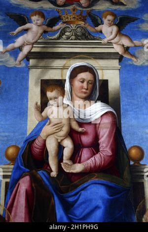 Girolamo da Santa Croce: Madonna et l'enfant sur le trône, retable dans l'église de l'Assomption de la Sainte Vierge Marie à vis, Croatie Banque D'Images