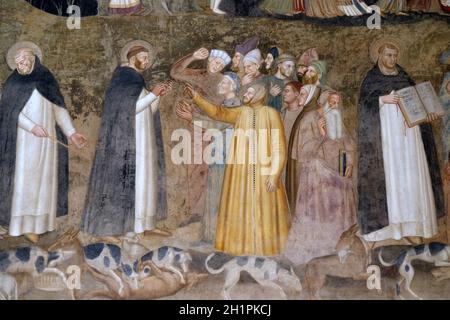 Saint Pierre le martyr et Thomas d'Aquin de réfuter les hérétiques, détail de l'Église triomphante et active le détail, fresco par Andrea Di Bonaiuto, Spani Banque D'Images