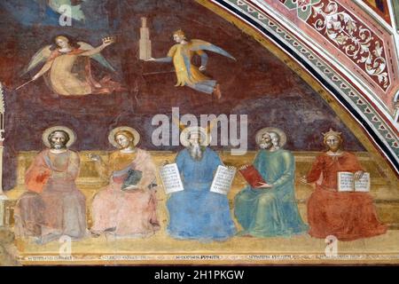 Saint Matthieu, saint Luc, Moïse, Isaïe et le roi Salomon, détail du triomphe de saint Thomas d'Aquin, fresque de Andrea di Buonaiuto, chapelle des Espagnols à l'al. Banque D'Images