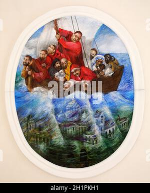 Saint-Clément en bateau de Peter par Sieger Koder, fresque dans l'église de Saint-Clément à Primisweiler, Allemagne Banque D'Images