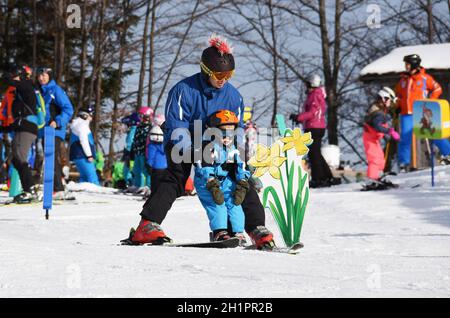 Sports d'hiver à Österreich, Schigebiet Kasberg (Grünau, Almtal, Salzkammergut, Bezirk Gmunden,Oberösterreich, Österreich) - Sports d'hiver en Autriche, Banque D'Images