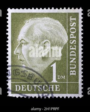 Timbres en l'Allemagne montre Theodor Heuss, 1er Président de la République fédérale d'Allemagne, pochettes, vers 1954 Banque D'Images