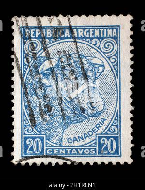 Timbres en Argentine montre image d'une vache, la célébration de l'élevage (ganaderia), série, vers 1955 Banque D'Images