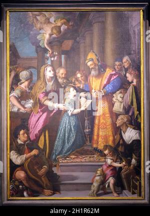 Retable représentant Présentation de Marie au temple, le travail d'Alessandro Allori dans cathédrale de St.Martin à Lucca, Italie Banque D'Images