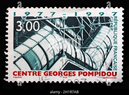 Le timbre imprimé en France montre le Centre national d'art et de culture Georges Pompidou, 20e anniversaire, vers 1997 Banque D'Images