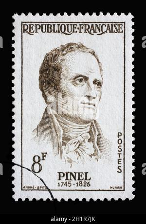 Le timbre imprimé en France montre Pinel Philippe (1745-1826), vers 1958 Banque D'Images