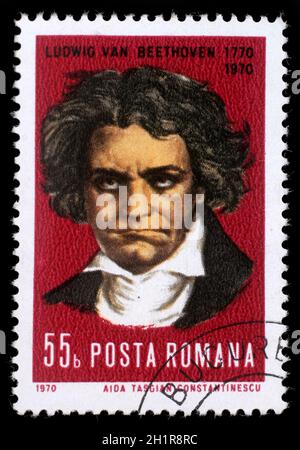 Timbres par la Roumanie, voir Ludwig van Beethoven, compositeur, vers 1970. Banque D'Images