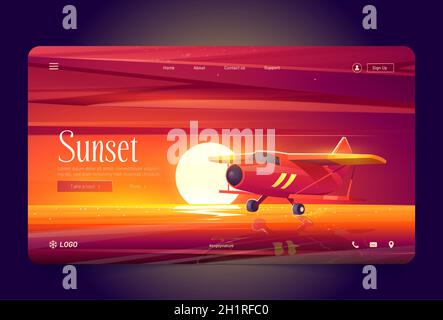 Un avion rouge survole l'eau au coucher du soleil.Page d'atterrissage vectorielle de vols avec illustration de paysage de soirée avec lac, mer ou rivière, soleil à l'horizon et biplan dans l'air Illustration de Vecteur