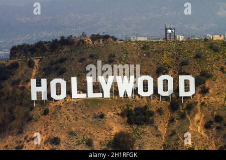 Le panneau Hollywood, Le Mont Lee, Hollywood Hills, Hollywood, Los Angeles, Californie, USA - vue aérienne Banque D'Images