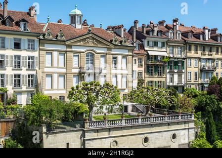 Bern, Switzerland - May 26, 2016: Upscale residential area with gardens near the Bern Cathedral and Aare River. Stock Photo