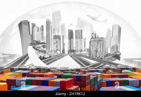 Conteneur industriel fret maritime pour importation ou exportation dans le port. Conception abstraite, camions et transport. Autoroute et livraison. Collag Banque D'Images