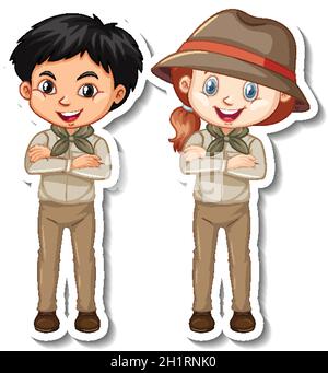 Couple d'enfants en costume safari dessin animé personnage autocollant illustration Illustration de Vecteur