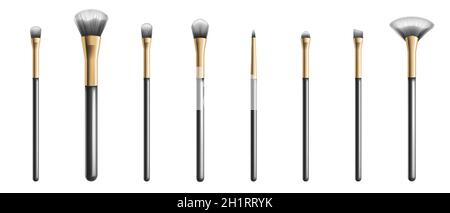 Formes différentes de pinceaux de maquillage, outils cosmétiques professionnels.Ensemble vectoriel réaliste de formes de maquillage 3d pour fard à joues, fard à paupières, fondation et correcteur.Glands de beauté noirs pour le visage Illustration de Vecteur