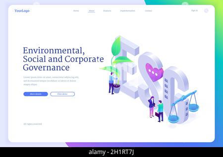Page d'accueil isométrique ESG, environnement social et gouvernance d'entreprise.Concept commercial de l'utilisation durable des ressources de l'entreprise verte, attitude responsable envers la nature et future bannière web 3d Vector Illustration de Vecteur
