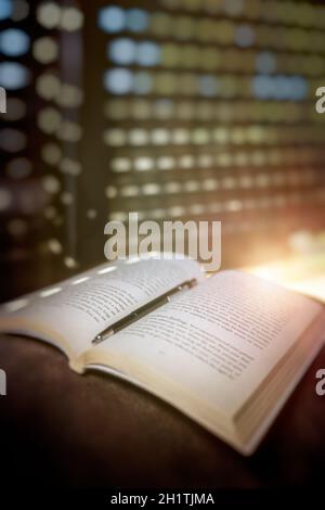 Passez une belle journée ensoleillée à lire un livre intéressant à la maison. Gardez un stylo pour marquer les choses les plus importantes. Passe-temps calme et agréable. Banque D'Images