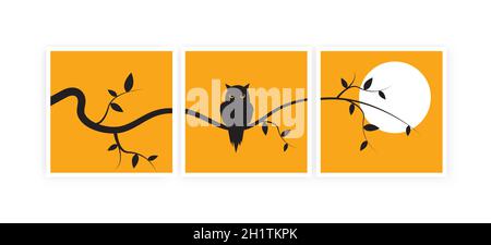 Silhouette de hibou sur la branche au coucher du soleil, vecteur.Silhouette de hibou sur l'arbre, illustration isolée sur fond jaune.Illustration de dessin animé.Art mural, ar Illustration de Vecteur