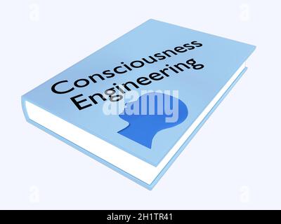 Illustration 3D du script d'ingénierie de conscience sur un livre avec la silhouette de la tête humaine, isolée sur fond bleu pâle. Banque D'Images