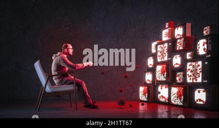 homme dans un fauteuil regardant de nombreux téléviseurs qui ne diffusent que des informations sur covid-19. Monopole de la santé des médias Banque D'Images