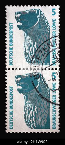 Le timbre imprimé en Allemagne montre la statue du lion, Brunswick, vers 1990 Banque D'Images