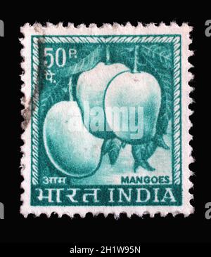 Le timbre imprimé en Inde montre des mangues de fruits, vers 1967 Banque D'Images