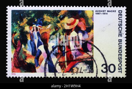 Un timbre imprimé en Allemagne montre des peintres expressionnistes allemands : filles sous les arbres, août Macke, vers 1974 Banque D'Images