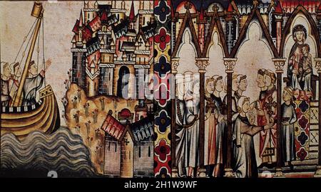 Scène médiévale de marchands de tissus. Bonne arrivée. Cantigas de Santa Maria inspiré par Alfonso X de Castille, El Sabio. Bibliothèque El Escorial Banque D'Images