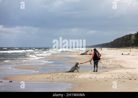 Stegna, Pologne - 10 septembre 2020 : une femme marchant avec son retriever d'or sur la plage de Stegna Banque D'Images