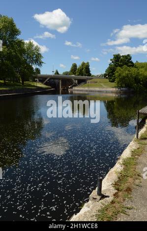 SMITHS FALLS (ONTARIO), CA, le 16 JUIN 2021 : une vue du pont de la rue Beckwith traversant le canal Rideau à Smiths Falls (Ontario). Banque D'Images
