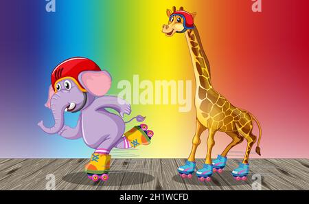 Girafe et éléphant jouant au roller skate sur l'illustration de fond de gradient arc-en-ciel Illustration de Vecteur