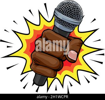 Microphone poing explosion main Pop Art dessin animé Illustration de Vecteur